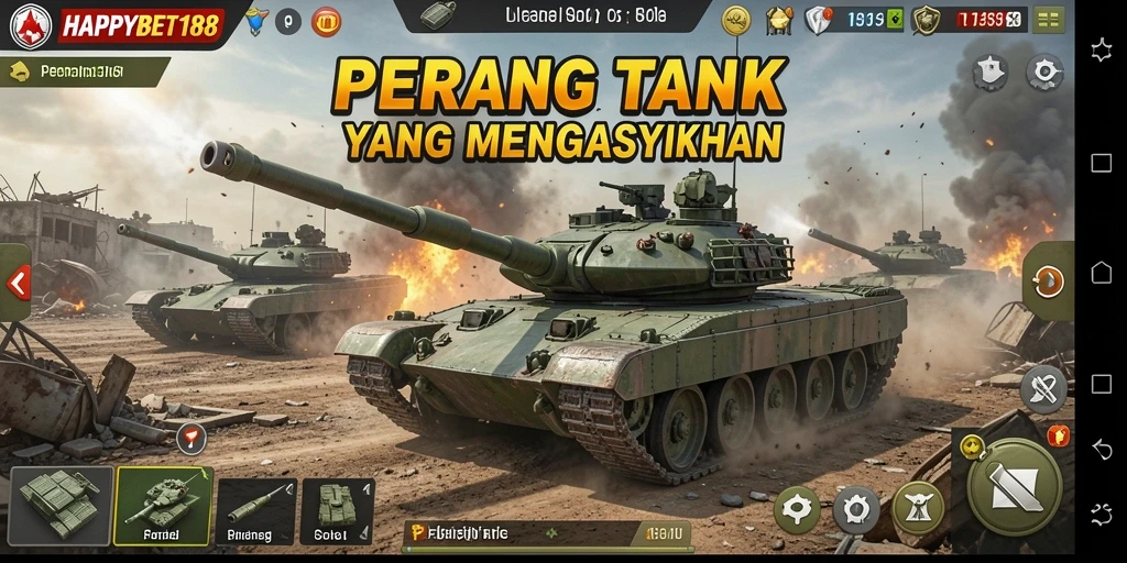Antarmuka game <strong>HAPPYBET188</strong> dengan tampilan pertempuran tank yang mendebarkan.
